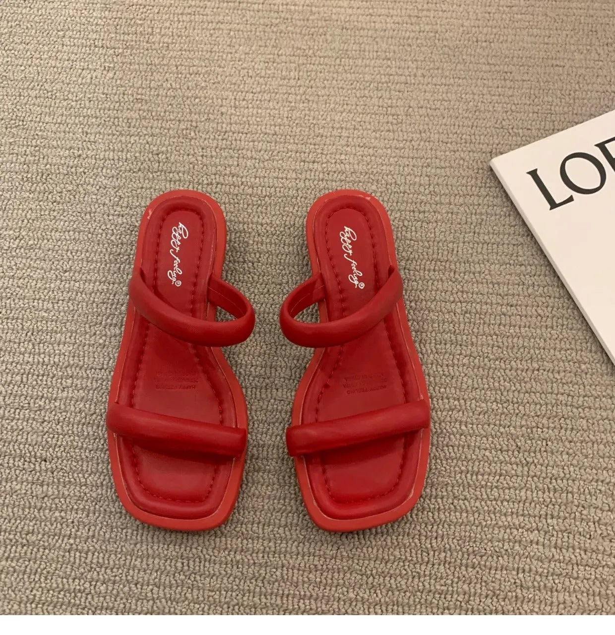 DEANWANGKT  2022 Summer New Korean Style Fashion Open Toe One-Word with Chunky Heel Bread Slippers Women's Outer Wear Temperament Low Heel Slippers