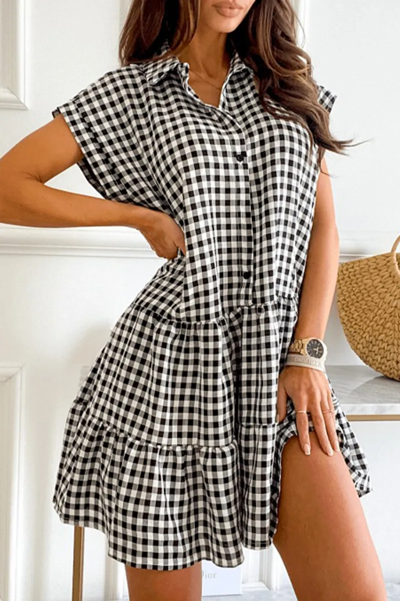Dunnmall Casual Plaid Buckle Shirt Collar Shirt Dress Dresses