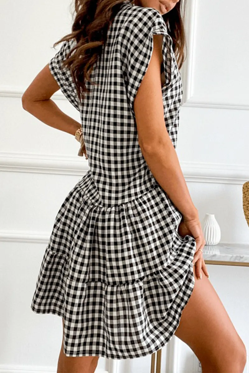 Dunnmall Casual Plaid Buckle Shirt Collar Shirt Dress Dresses