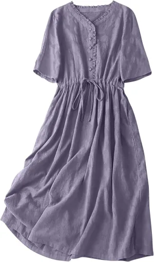 Linen Dresses for Women 2025 Summer Long Maxi Dress Short Sleeve Button Down Tshirt Sundresses Boho Beach Outfits