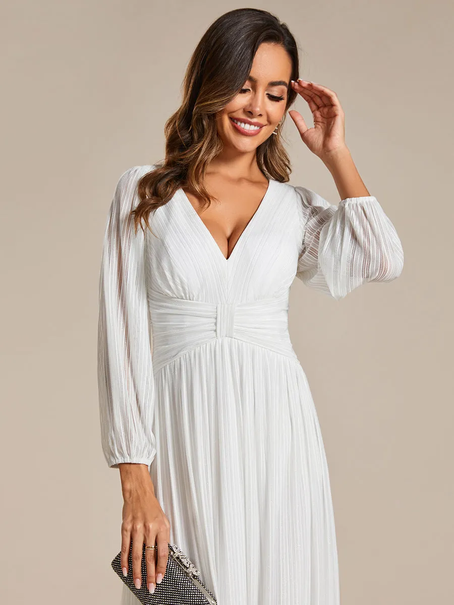 Maxi Long Chiffon Waist V Neck Wedding Dress with Long Sleeves
