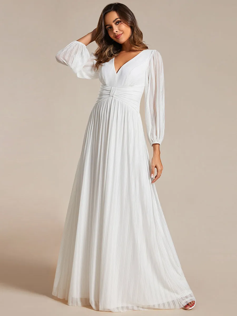 Maxi Long Chiffon Waist V Neck Wedding Dress with Long Sleeves