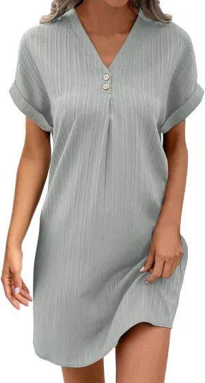 Women's Casual T Shirt Dress Summer V Neck Button Short Sleeve Dresses 2025 Mini Sundresses Linen Dress Women