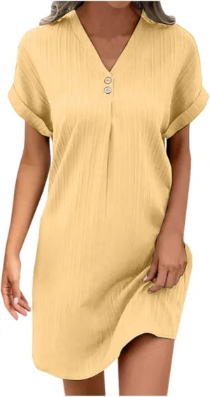Women's Casual T Shirt Dress Summer V Neck Button Short Sleeve Dresses 2025 Mini Sundresses Linen Dress Women